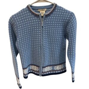 Great Northwest Blue Lambswool Angora Nordic Snowflake Zip Cardigan Sweater S